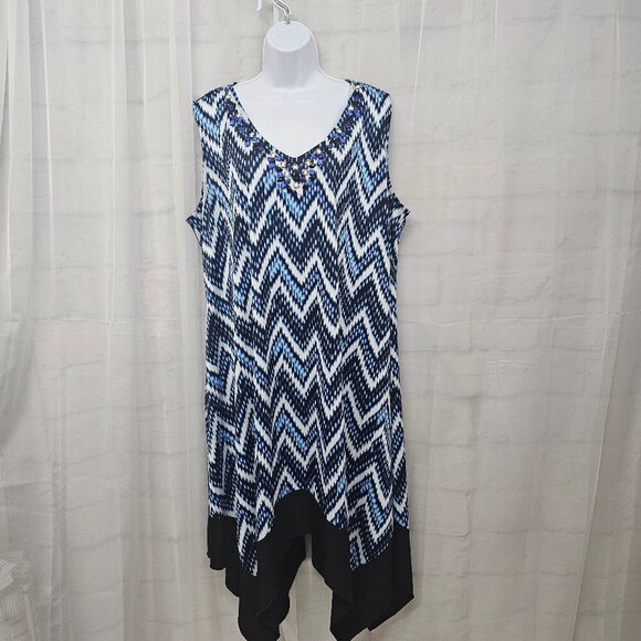 Avenue Blue White Chevron Aztec Sleeveless Midi Dress Beaded Boho 22/24 - Picture 13 of 13